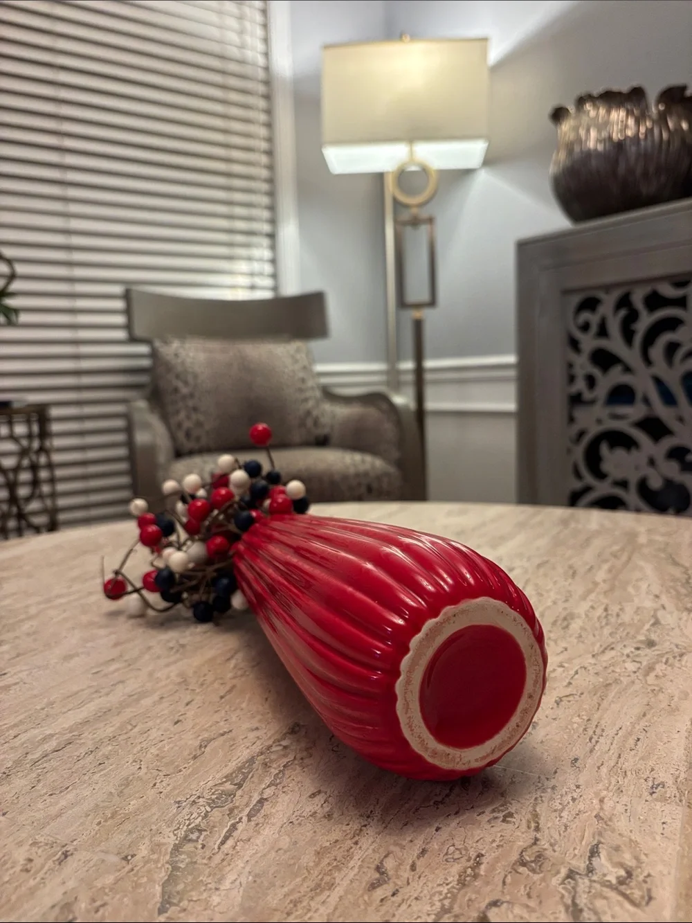 Red Ribbed Vase with Patriotic Red, White & Navy Berry Stems